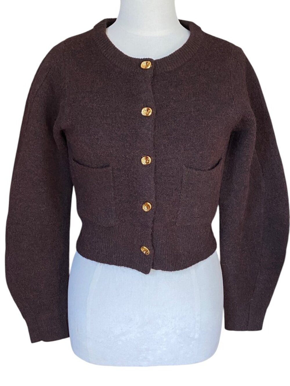 Zara Chocolate Brown Cropped Cardigan Sweater Floral Buttons Wool Academia-S